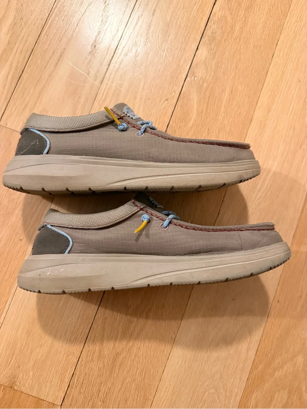 Hey Dude Men’s Tan Slip-On Loafers with Light Blue Laces